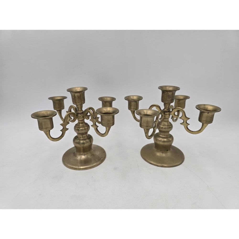 Vintage Brass Candelabra Pair 5 Arm Candle Holder Set 2 Ornate Candlestick 7.5"
